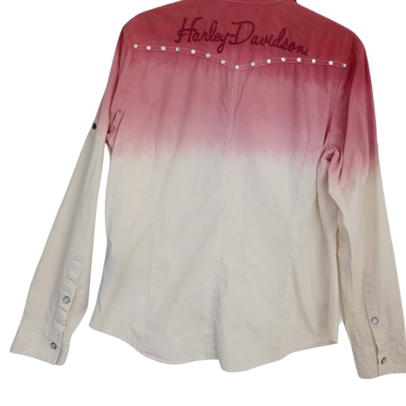 Harley Davidson Pink White Ombre Snap Front Dip Dye Long Sleeve Shirt Medium - Picture 1 of 3